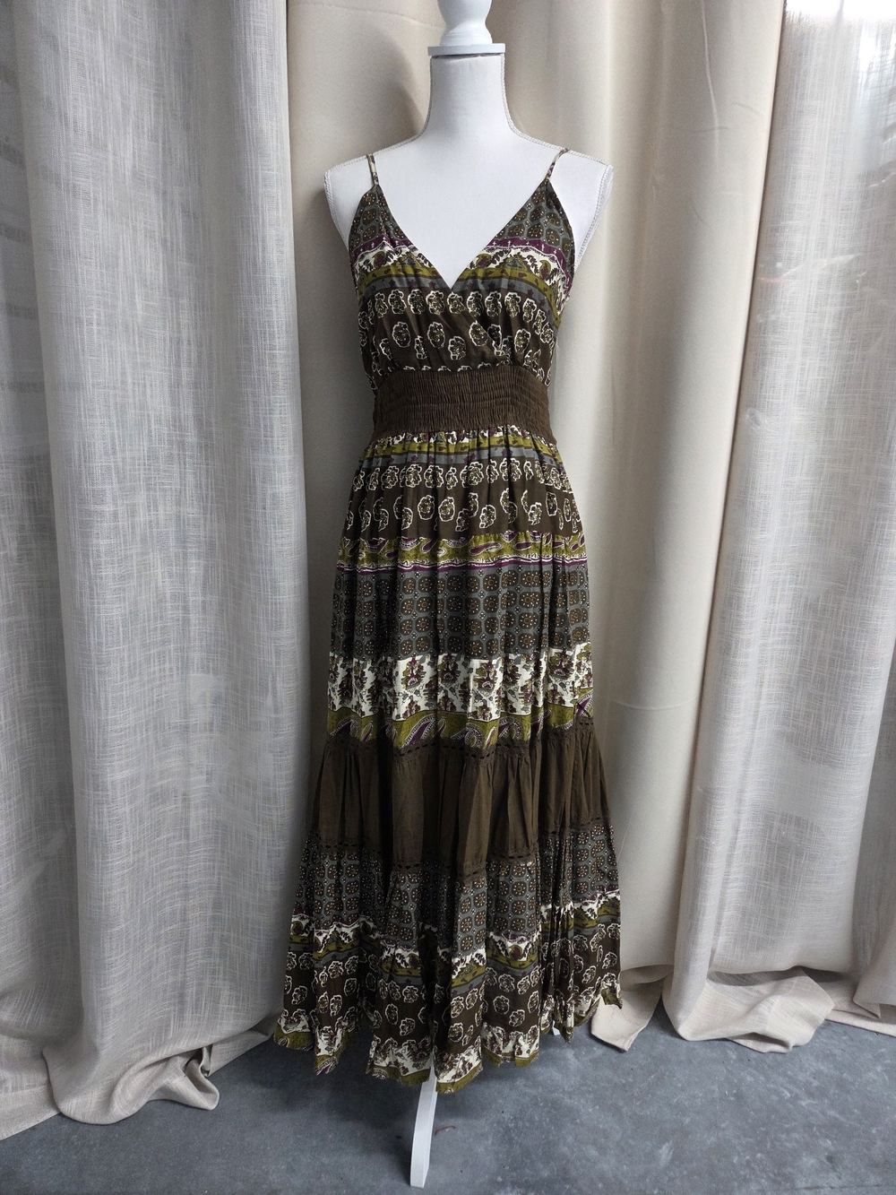 VTG Magic Olive Boho Maxi Dress Purple Cream Accents Boho Festival Size S